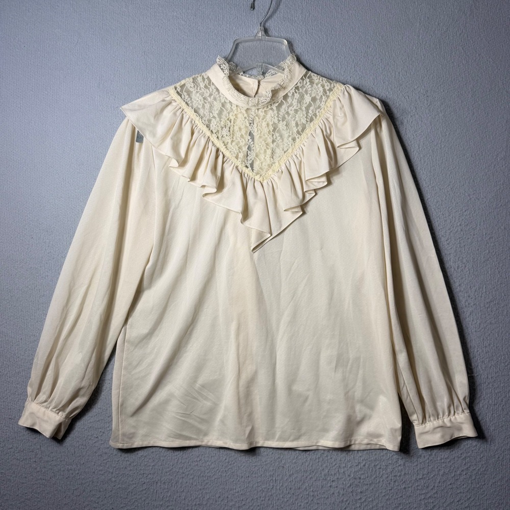 Vintage 80s Sears Ivory Lace Ruffle High Neck Prairie Blouse Size 14 Long Sleeve